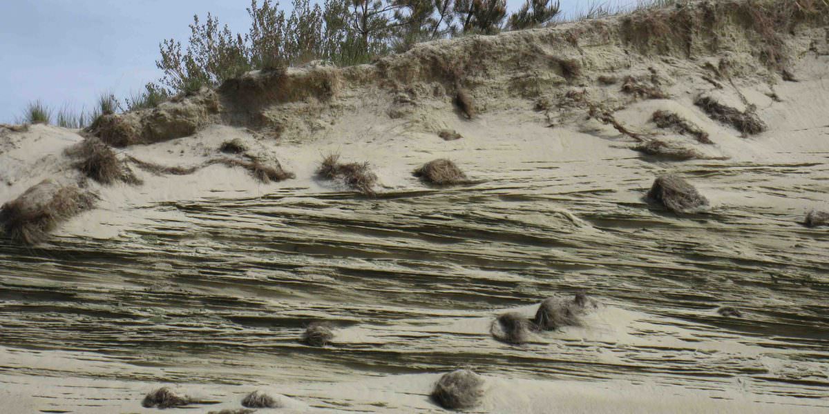 Sanddüne im Baltikum, die durch Wind und Wetter zu interessanten Rillenformationen zusammengepresst wurde 